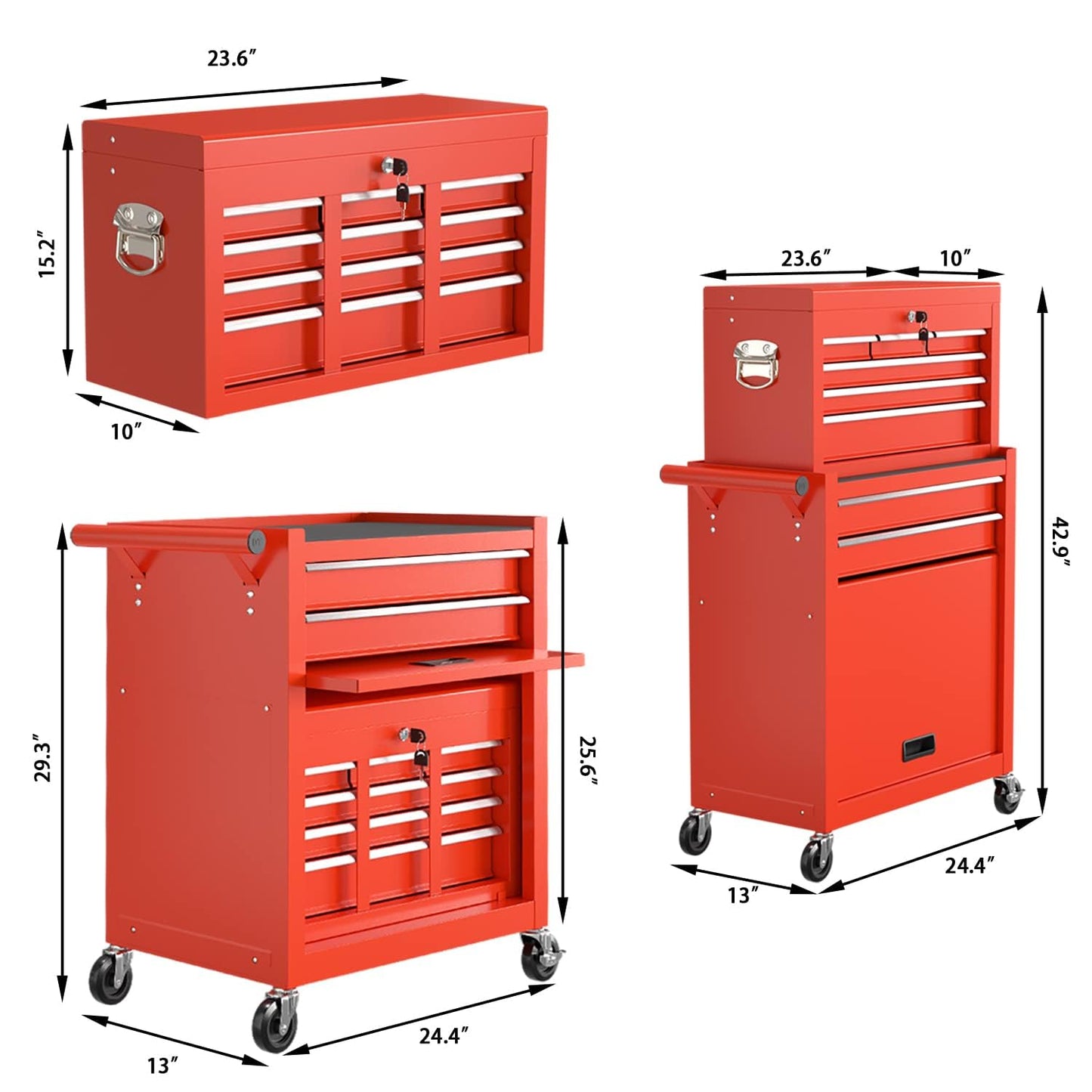 DUSACOM 8-Drawer High Capacity Rolling Tool Chest, Removable Cabinet Storage Tool Box with Wheels and Drawers, Detachable Toolbox with Lock for Workshop Mechanics Garage (8-Drawer, Red)