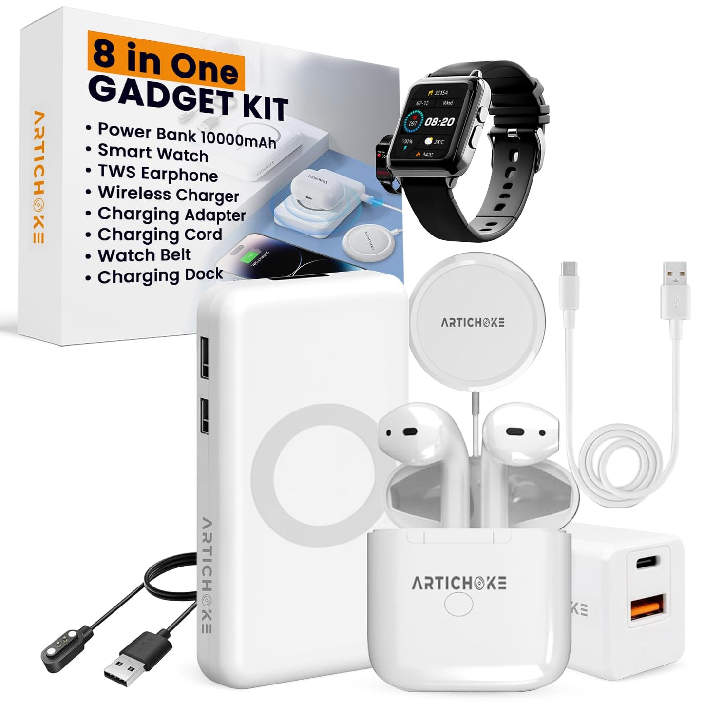 Artichoke 6 in 1 Accessories Gift Set Power Bank 5000 Smart Watch TWS Earphones Accessories Birthday Gifts Boyfriend Tech Gadgets Regalos para Hombre Travel Men Women Him Her