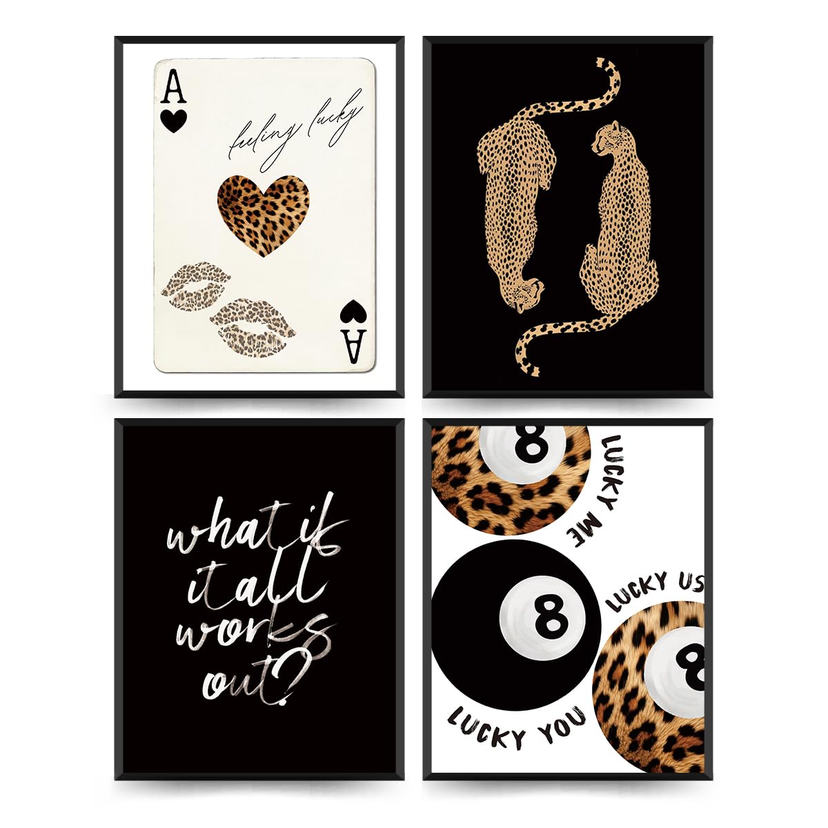 ETVISO Black Trendy Retro Y2K Cheetah Lucky 8 Ball Wall Art Prints Set of 4, Black Room Decor Aesthetic, What If It All Works Out Positive Affirmations Wall Decor for Girls Dorm Bedroom,8x10(Unframed)