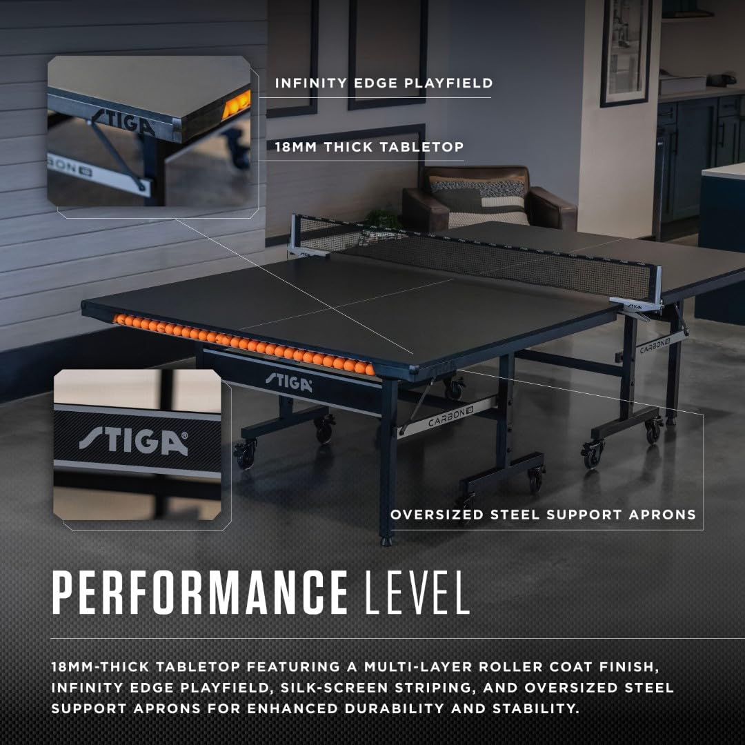 STIGA Carbon Series Indoor Ping Pong Tables with 15mm - 18mm Performance Top, QuickPlay Assembly, Built-in Ball Storage, Foldable Playback Mode & Lockable Casters