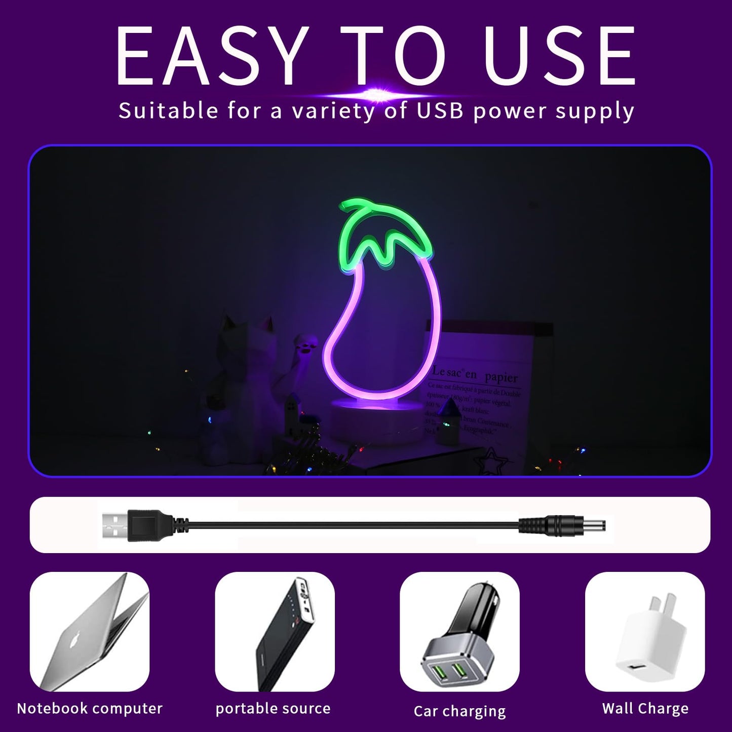 ENUOLI Eggplant Shaped Neon Sign,LED Eggplant Neon Sign for Bedroom Purple Eggplant Lights USB/Battery Operated Lamp Purple Room Decor Light Up for Games Room Living Room Party