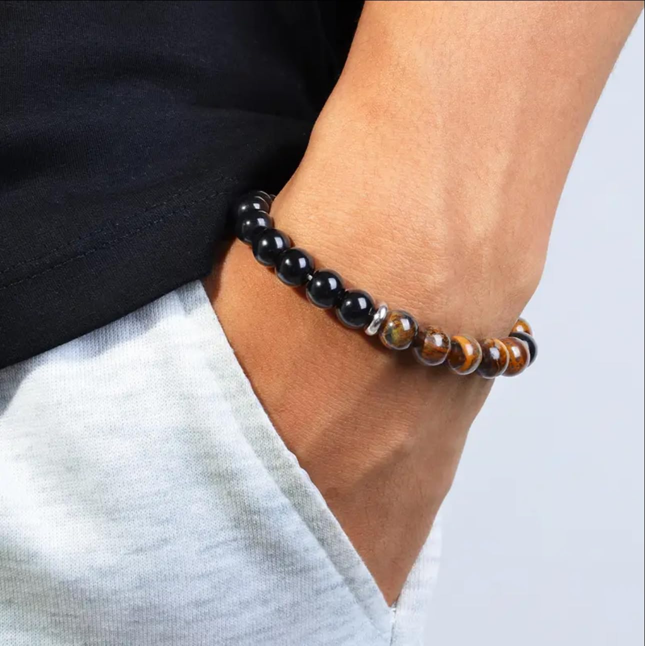 Triple Protection Healing Crystal Beaded Bracelet – Tiger Eye, Black Tourmaline & Hematite Natural Stone Jewelry – Strength & Positive Energy Gift for Men & Women – Christmas & Anniversary