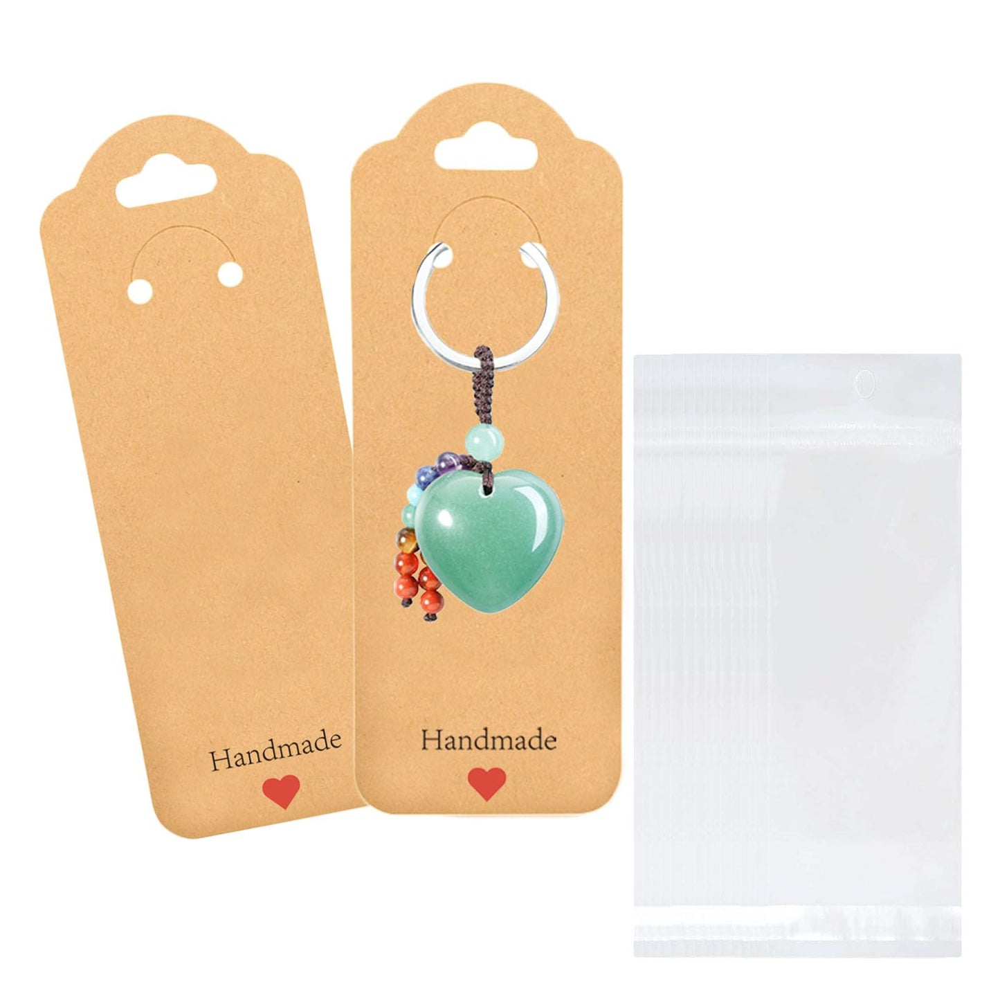 100PCS Keychain Display Cards with Clear Bags, 2.16'' x 6'' Handmade with Love Kraft Paper Jewelry Cards for Small Business Selling, Bulk Keychains Packaging Supplies (Brown)