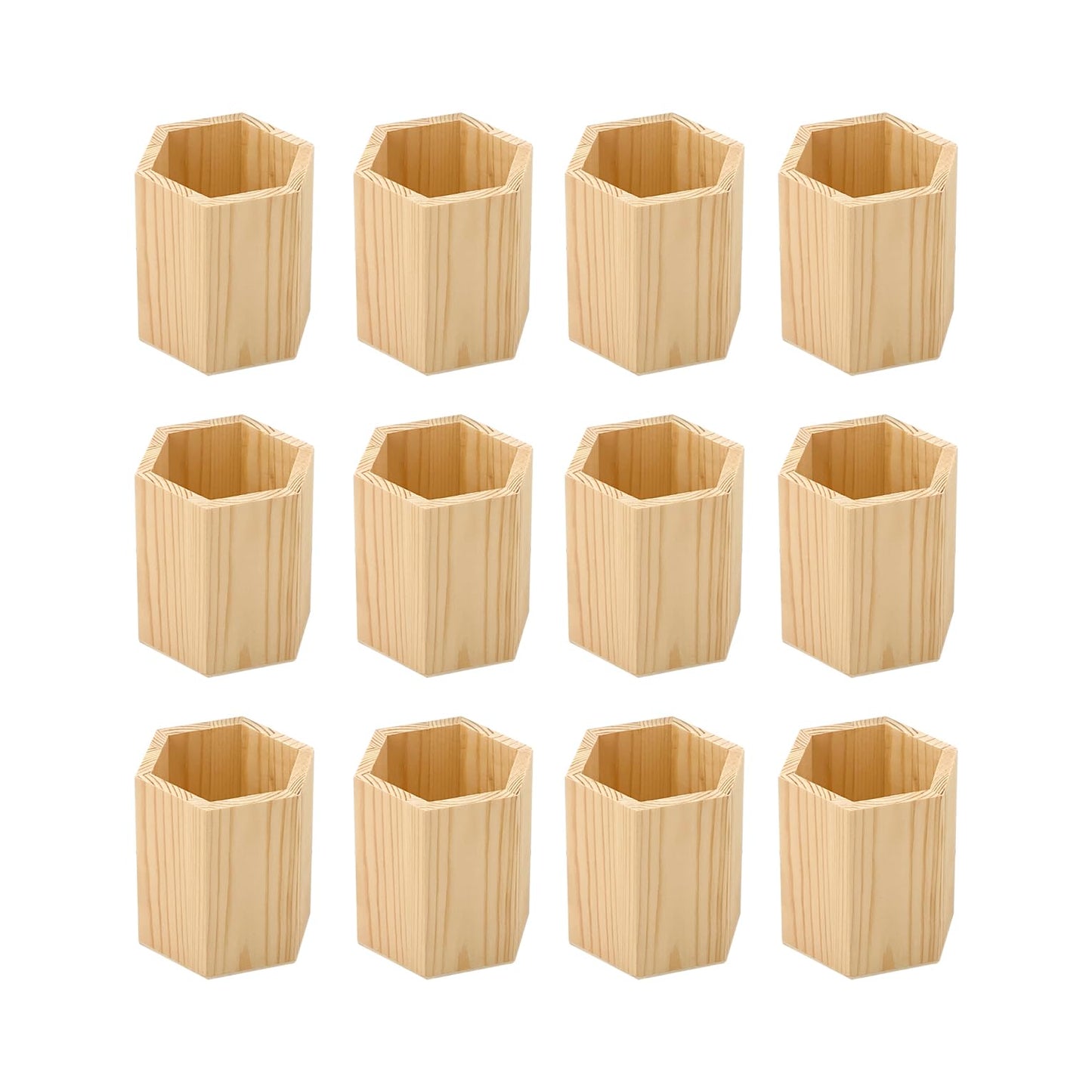 Cregugua 12 Pieces 4 Inch Wooden Pen Holder Hexagon shaped Unfinished Wood Pencil Holder for DIY Crafts (3x3x4 Inches)