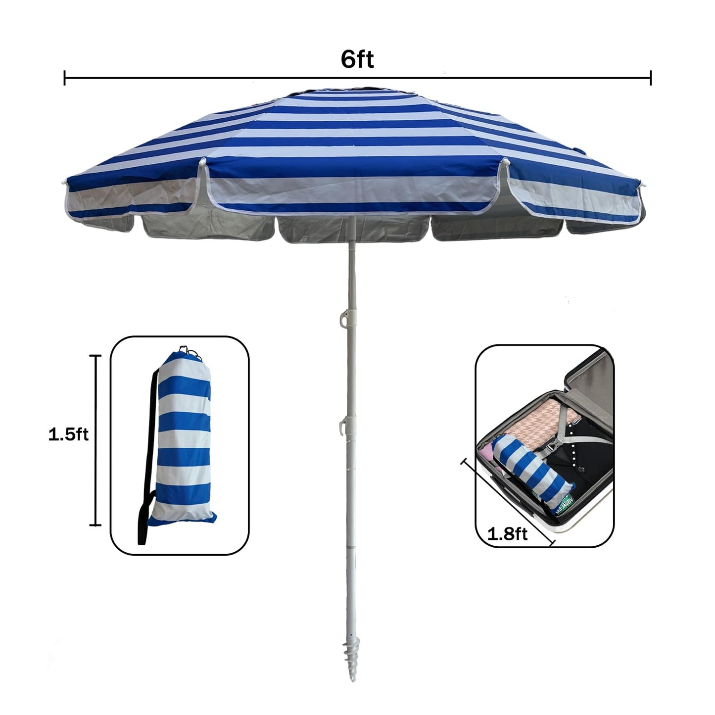 LOTTAFUN 6ft Beach Umbrella - Heavy Duty Wind Resistant UV 50+ Portable Sun Shade with Sand Anchor & Carry Bag, Outdoor Folding Umbrella for Beach, Pool, Patio, Garden (Blue strip) No Tilt