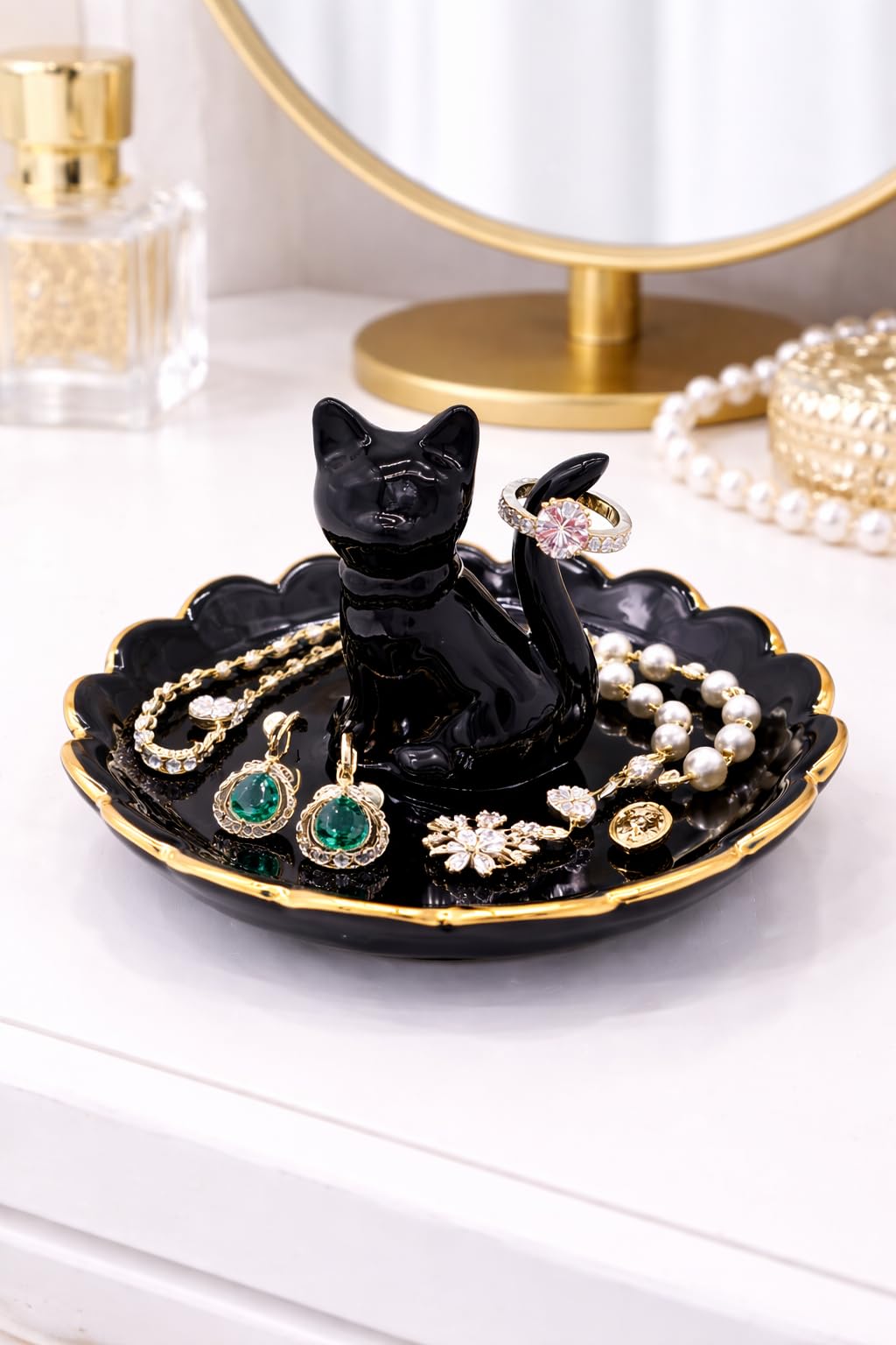 ROSA&ROSE Cat Ring Holder Trinket Tray Ceramic Jewelry Dish Porcelain Ring Organizer,Gift for Women,Girlfriend,Wife,Birthday or Anniversary(Black bow)