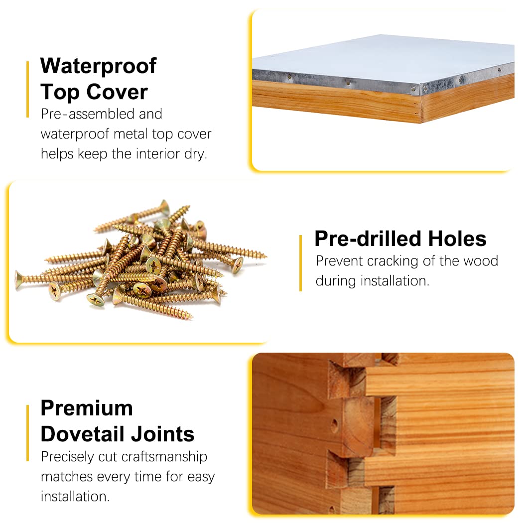 MayBee 10 Frame Screened Bottom Board Beehive Dipped in Original Beeswax, Bee Hives Kit Includes 1 Deep Box & 1 Medium Box with Beehive Frames and Wax Coated Foundations