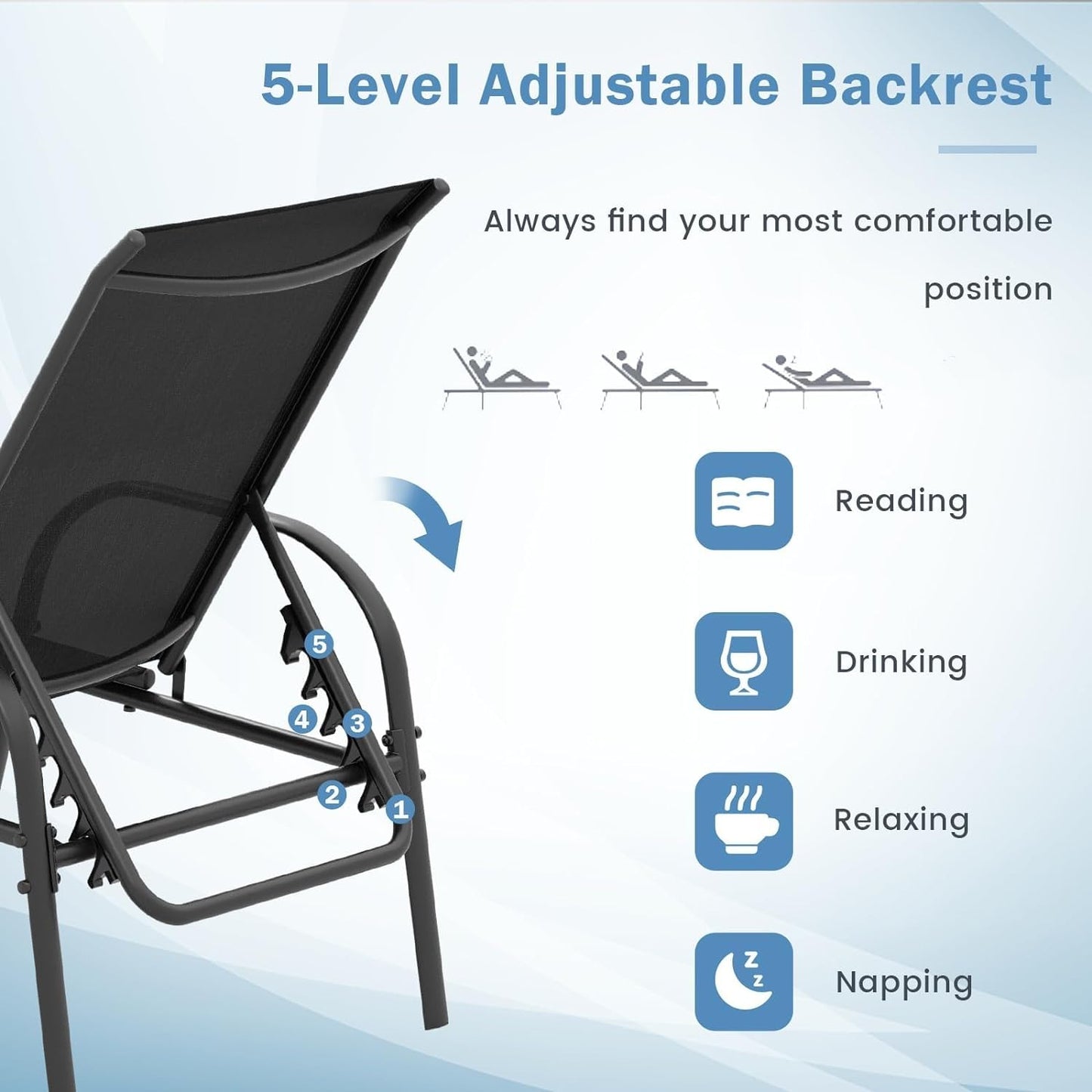 Giantex Patio Lounge Chair, Outdoor Chaise Lounge with 5 Adjustable Backrest, Sturdy Steel Frame, Sunbathing Recliner, Beach Chair, Tanning Chair for Outside, Yard, Balcony, Pool Chairs, Black