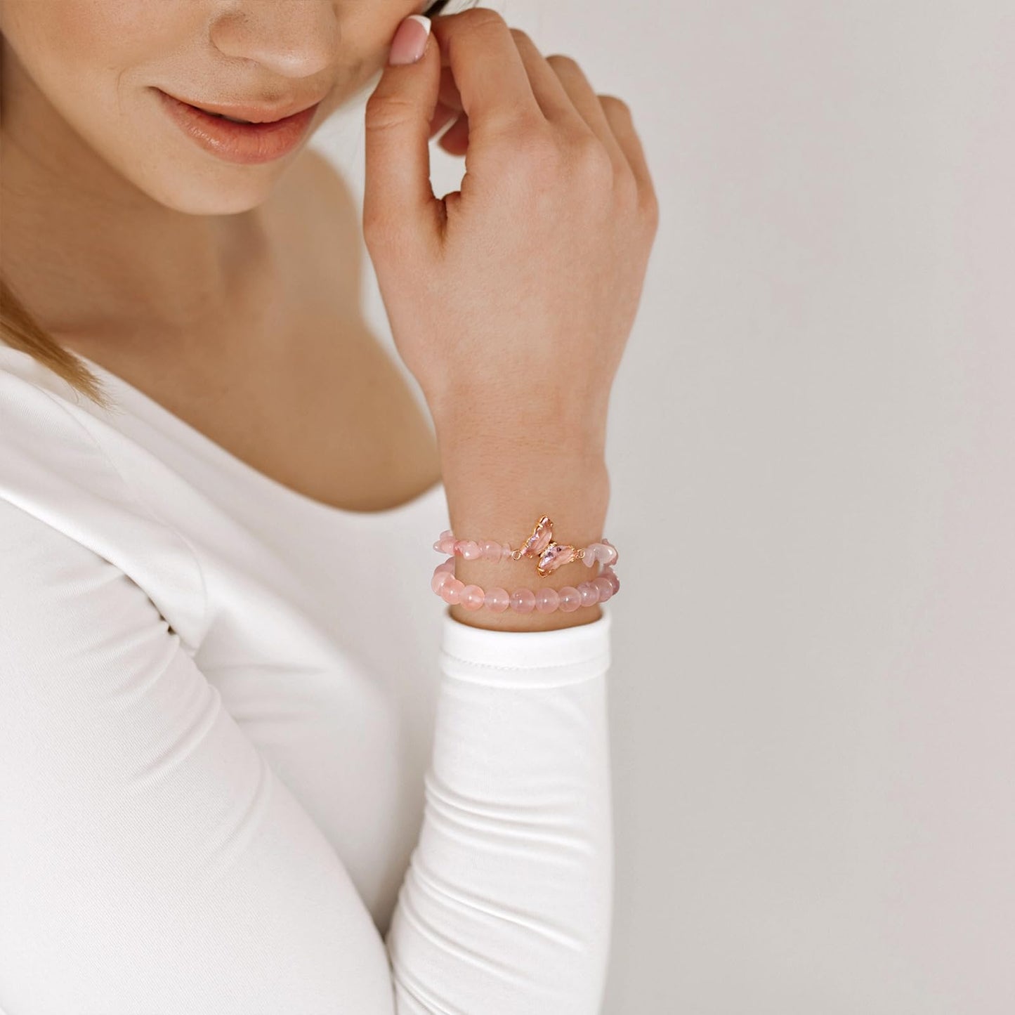 GolbalJew Rose Quartz Bracelet for Women Healing Crystal Stone Bracelets Pink Gemstone Beads Stretch Bracelet Butterfly Charms Jewelry Women Gift