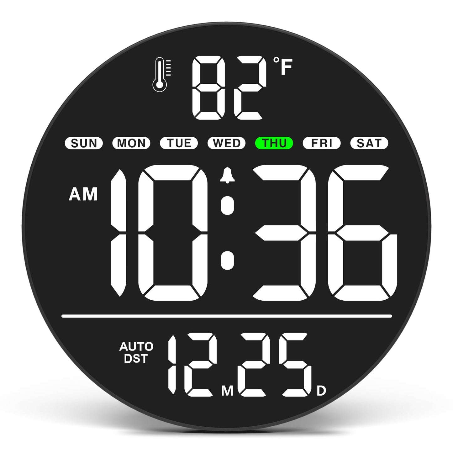 WallarGe Large Digital Wall Clock with LED Display, Electric Wall Clock with Temperature, Auto DST, Date, and Day, 5-Level Brightness for Office, Bedroom, Living Room, Classroom Décor