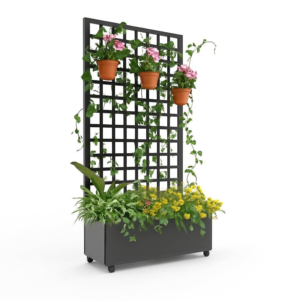 IDEALHOUSE 72"X47" Galvanized Raised Garden Bed with Square Trellis, 12" Deep Planter Box on Locking Wheels, Drainage Holes for Climbing Plants, Flowers, Patio, Balcony & Small Spaces, Black