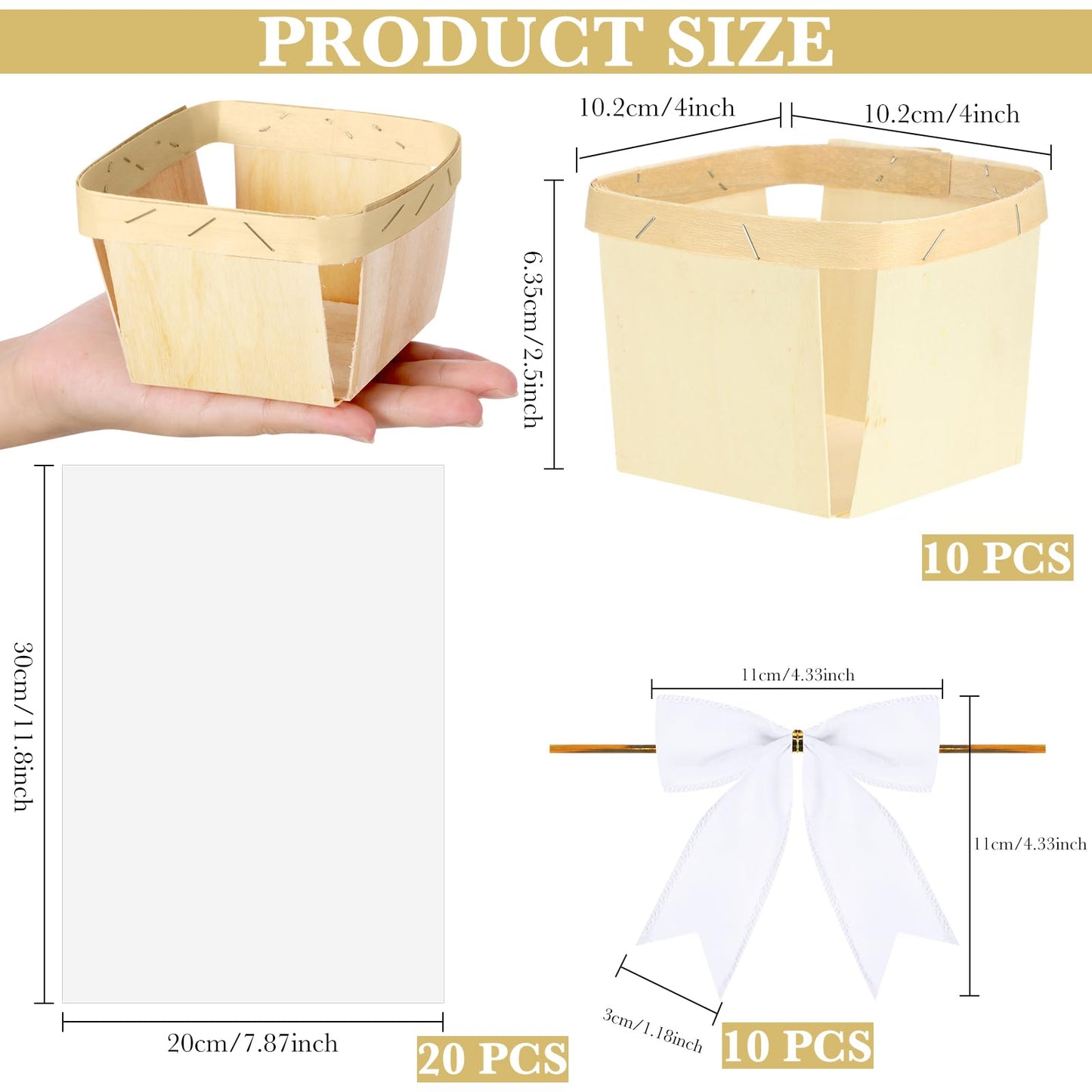 Yerliker 10 Set Wooden Mini Baskets for Gifts Bulk Empty Small Baskets Berry Basket Bows Clear Treat Bags for DIY Picking Wedding Birthday Baby Shower(4 Inches,Velvet,White)
