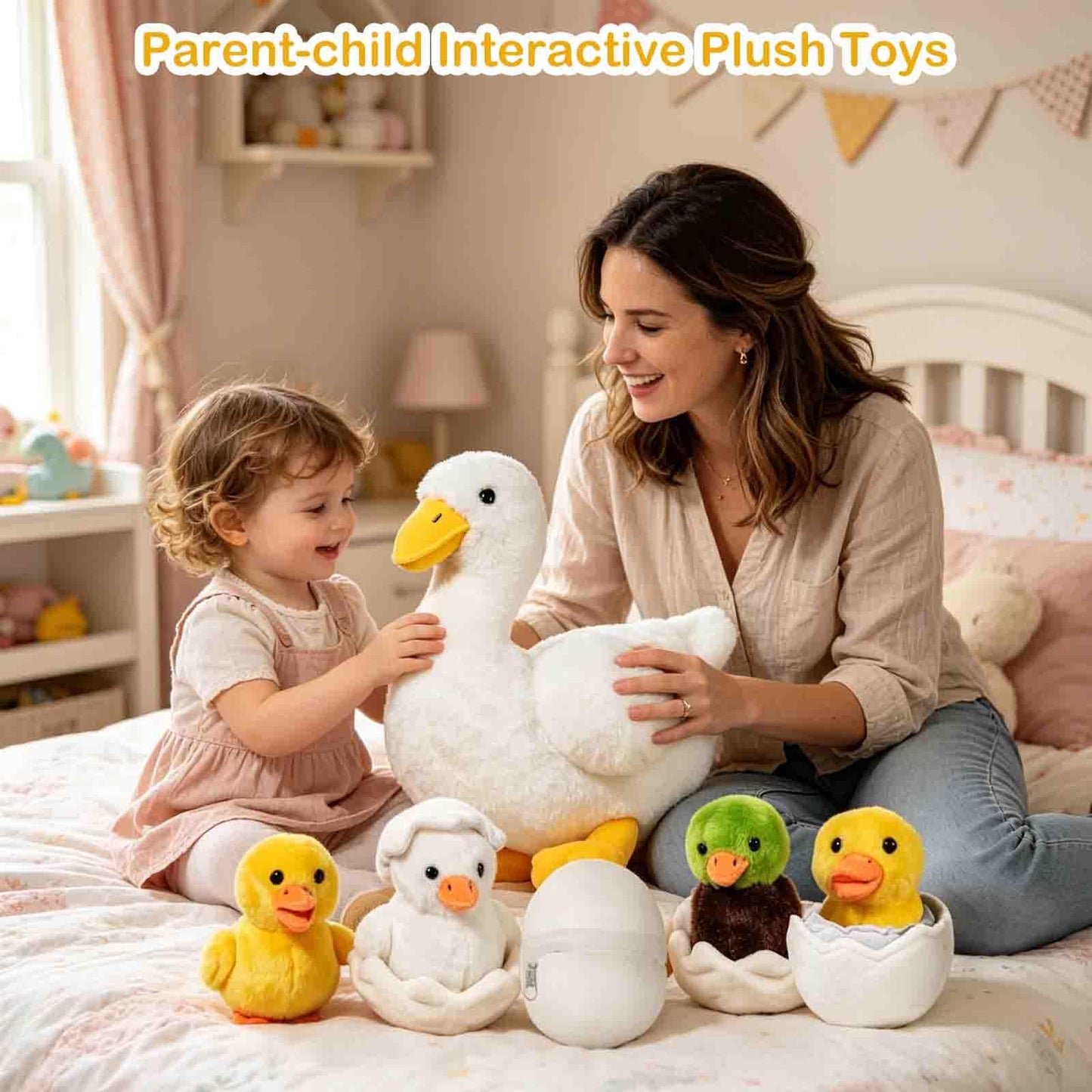 XYHQYB 7 in 1 Duck Stuffed Animal, 12" Zippered Mommy Stuffed Duck Toy with 4 Baby Ducklings and Eggs, Soft White Duck Plushie Pillow for Kids Christmas Birthday Gift Farm Party