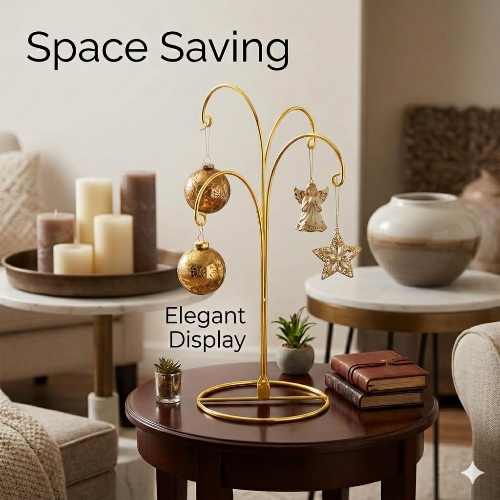 HOHIYA Ornament Display Stand 12 Inch 4-Arm Metal Holder for Christmas Ornaments Glass and Crystal Ball Decorations Art Craft Hanging Hanger Brass Gold 2 Pack