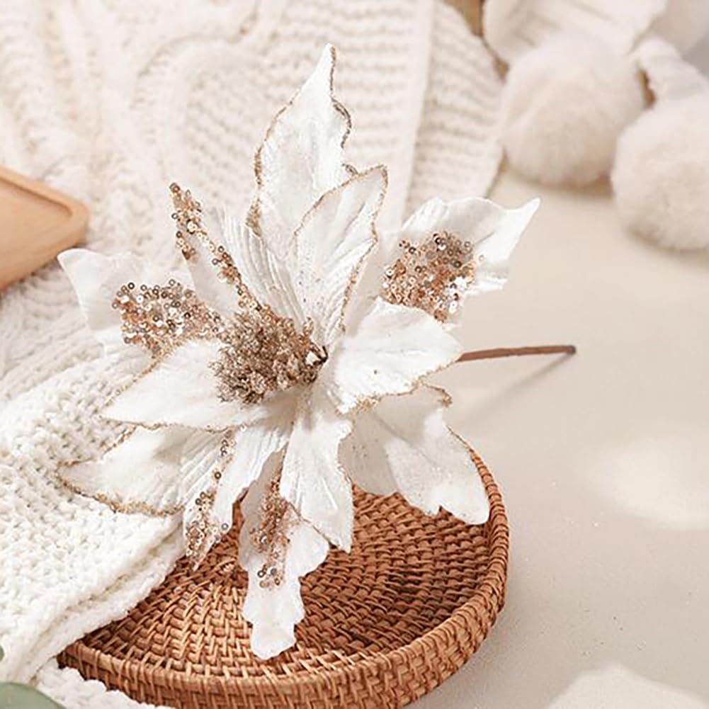 vctops 6 Pcs Christmas Poinsettia Artificial Flowers Shining Glitter Artificial Flower for Xmas Tree Wreath Ornaments New Year Wedding Party Holiday DIY Decoration, White