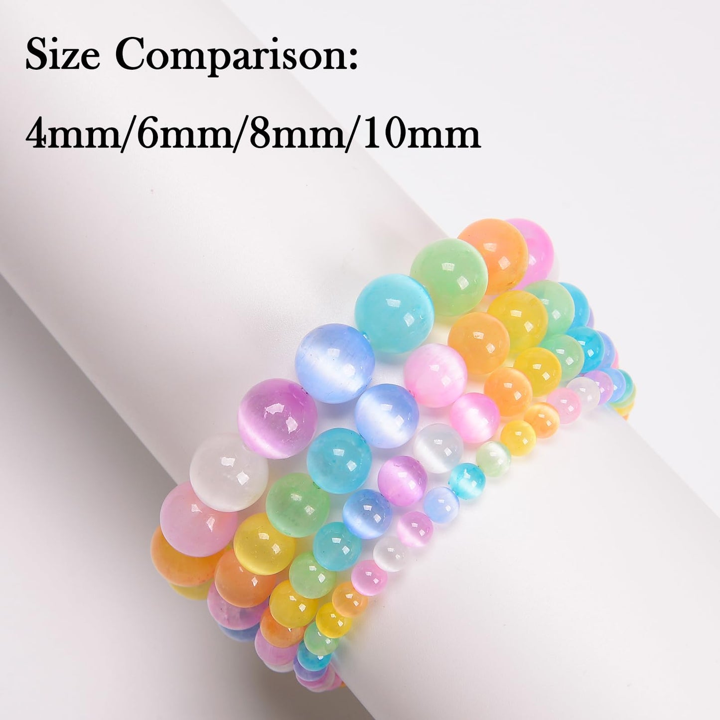 Handmade Natural Gemstone Elastic Bracelet - Healing Crystal Beads Jewelry, Unisex (Colourful Selenite, 4mm)