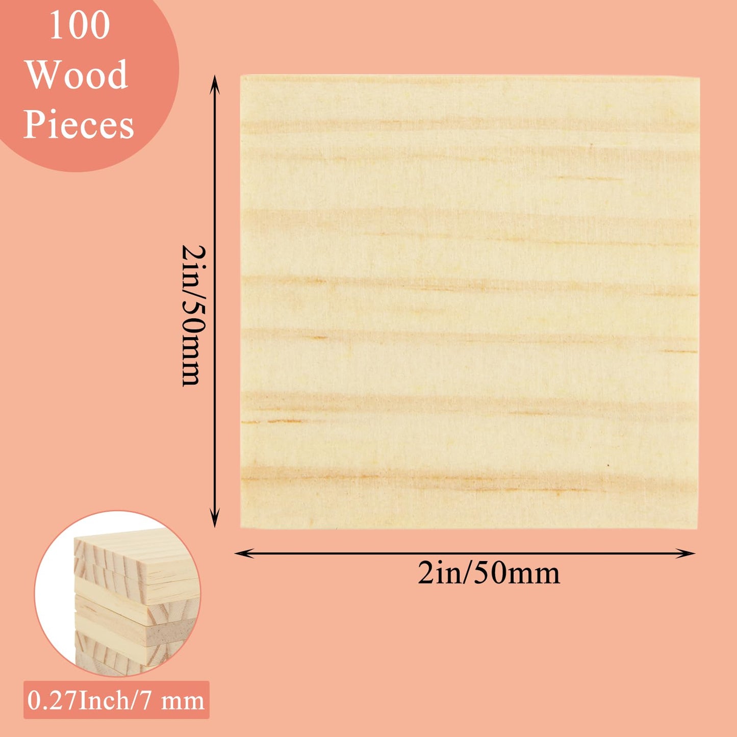 WOPPLXY 100 Pcs 2 X 2 Inch Wooden Squares for Crafts, 0.27 Inch Thick Natural Blank Square Blocks, Unfinished Wood Blocks, Blank Wood Wooden Tiles for DIY Crafts, Engraving, Wood Burning, Painting