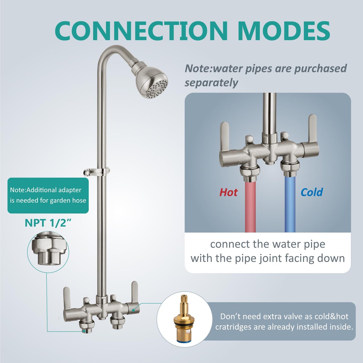 Aolemi Outdoor Shower Fixtures, 31" Exposed Shower System with Shower Head, 2-Handle Outdoor Shower Kit, 3 Inch Center Brass Mixing Valve, Brushed Nickel