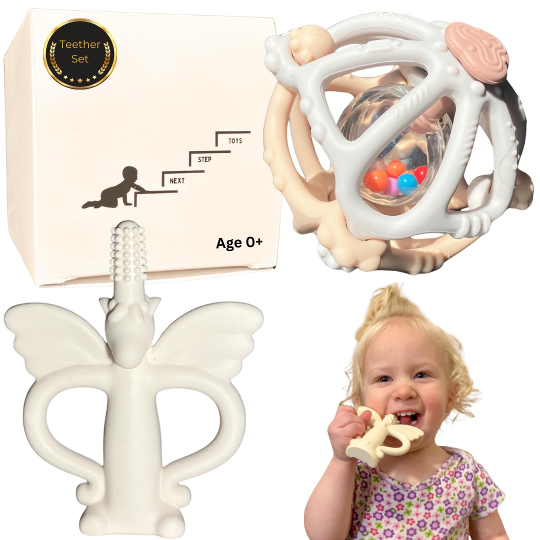 Silicone Teething Toys & Baby Sensory Toys | Rattle Ball & Unicorn Teether Set | Infant Teething Ball & Chew Toy for Babies | Teeth Tamer Car Seat & Crib Toys | Essential Baby Toys 0-36 Months