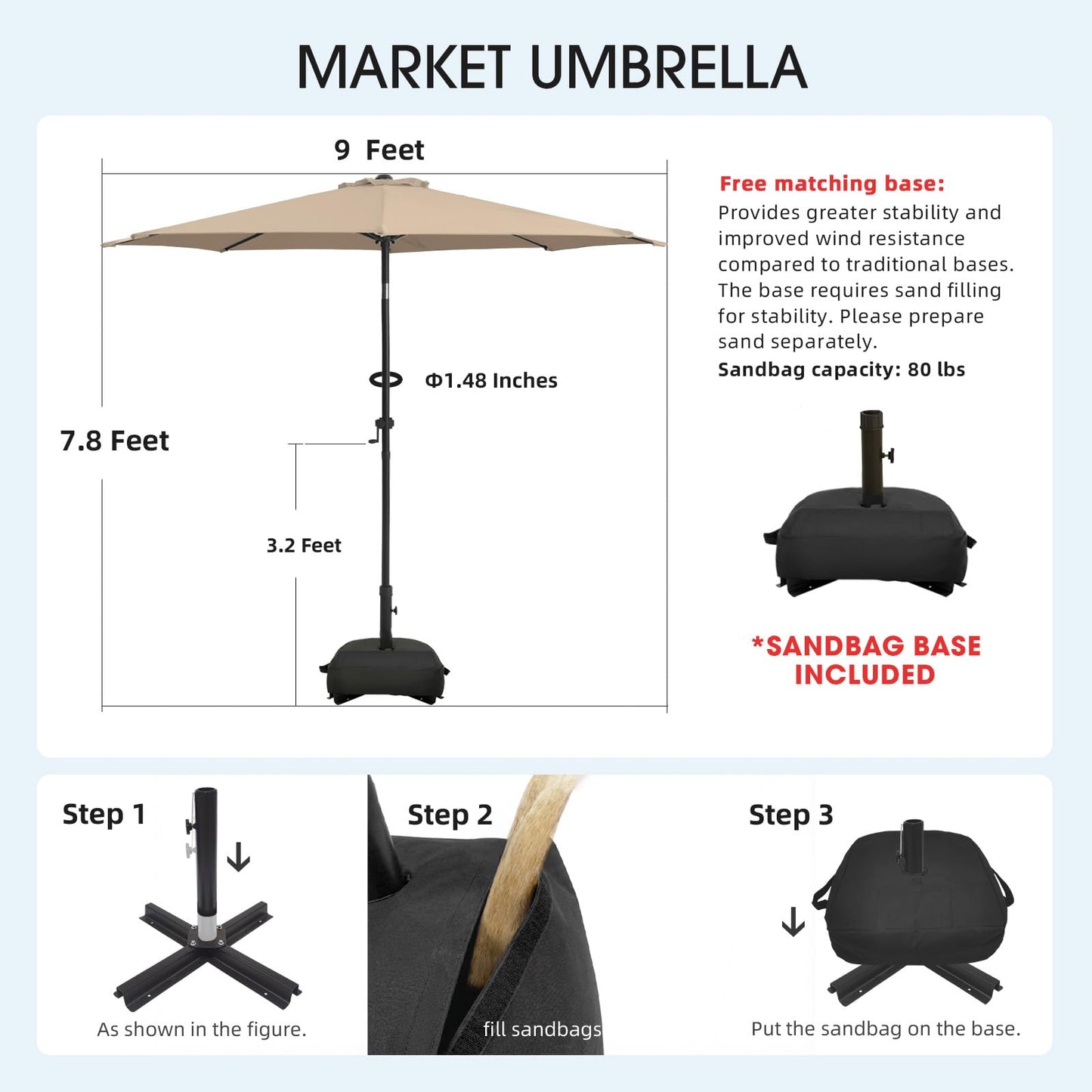 wikiwiki 9FT Patio Umbrella with Base, Outdoor Umbrellas with Base Included, 8 Sturdy Ribs, Waterproof Fade Resistant POLYESTER DTY Canopy for Deck, Lawn, Garden, Backyard & Pool, Beige