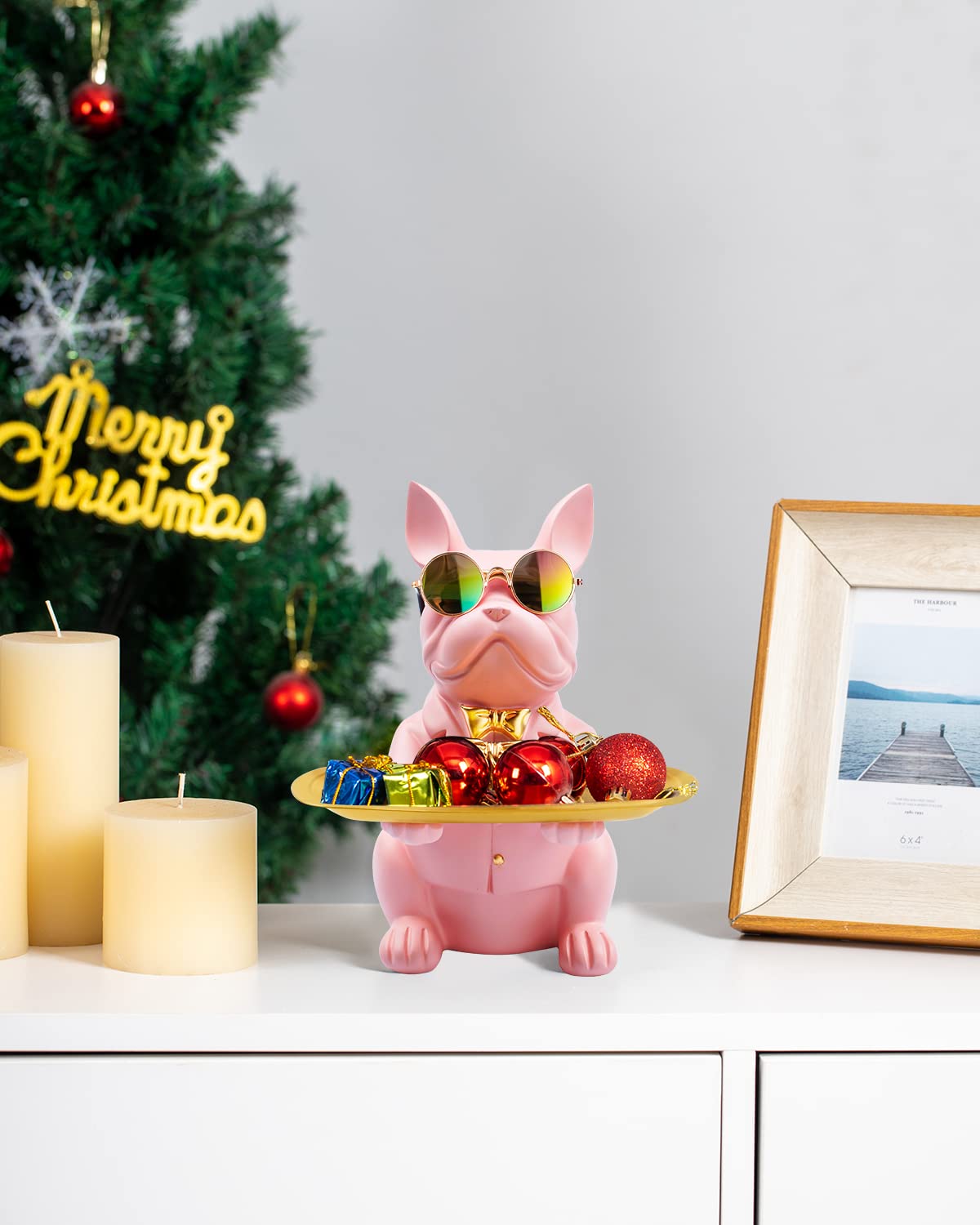 bwytbwy French Bulldog Statue,Resin Bulldog Key Tray for Entryway Decor, Key Holder Organizer for Entryway Table, French Bulldog Gifts Pink