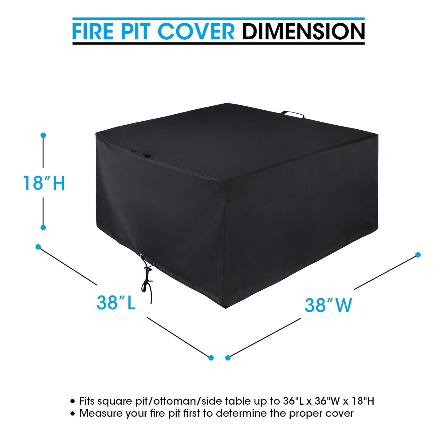 Unicook Square Fire Pit Cover 38 Inch, Heavy Duty Waterproof Fire Table Cover, Outdoor Firepit Protector with Drawstring and Handles, All Weather Protection, Black