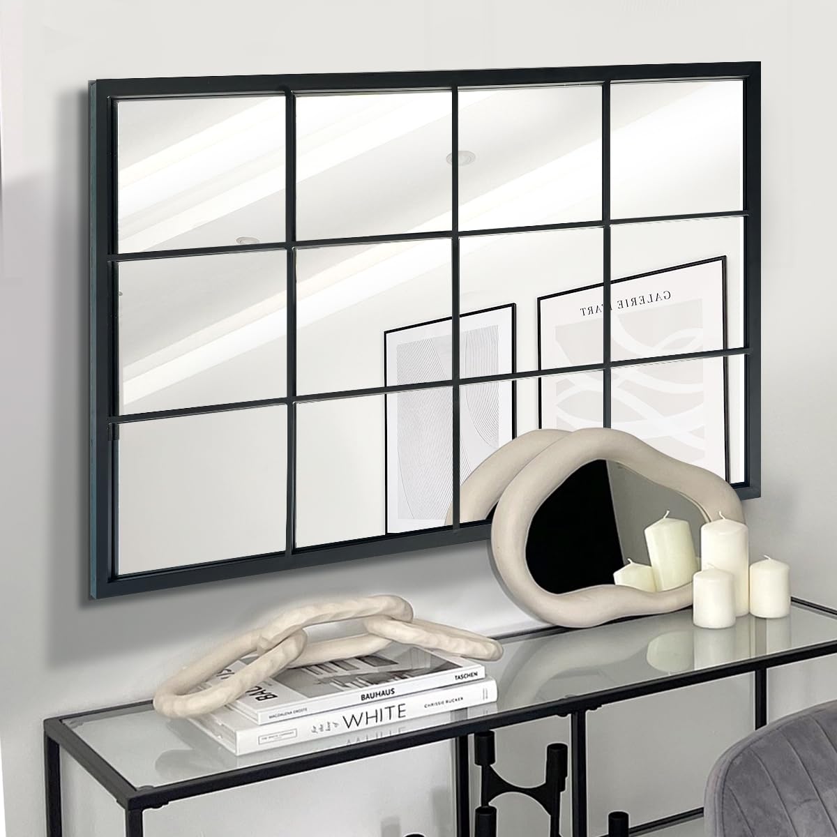 OUSHUAI Balck Rectangle Mirror,Window Pane Grid Mirror,Minimalism Wall Mounted Mirror for Entryway,Hallway,Living Room,Fireplace 24"X36"