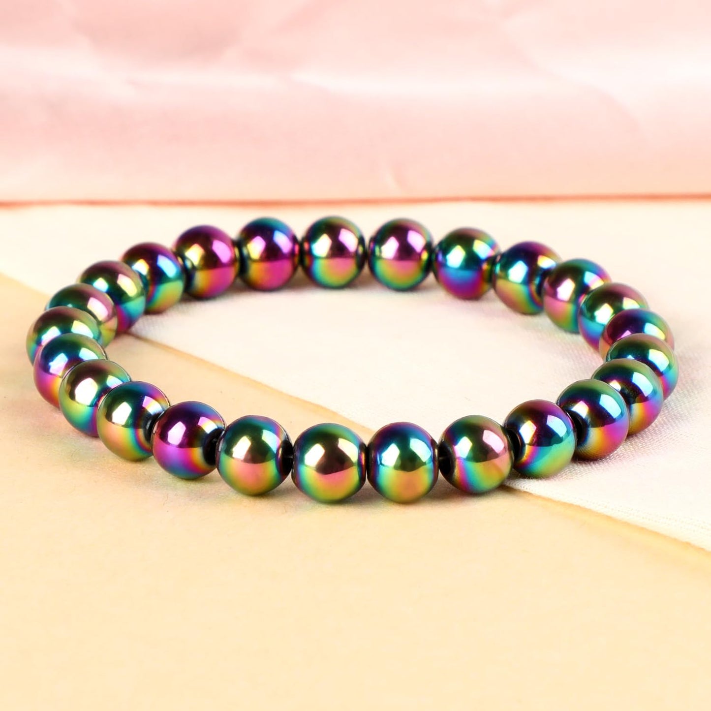 LPBeads Handmade Natural Gemstone Stretch Elastic 8mm Rainbow Coated Hematite Bracelet Healing Crystal Round Stone Beads Jewelry Gifts for Women Men