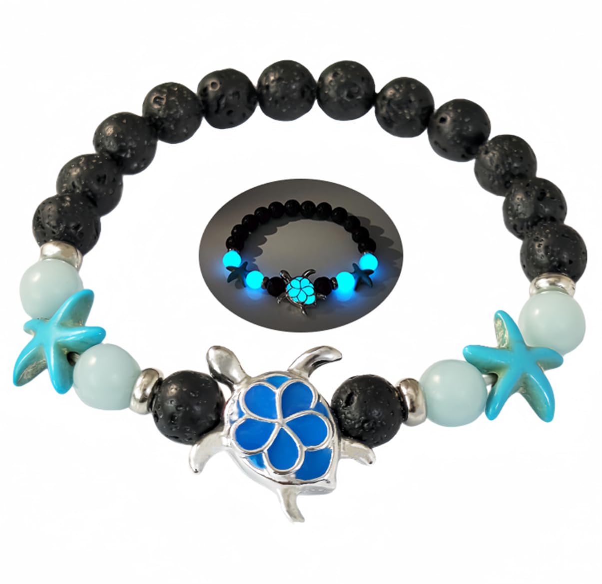 LXSSLY 8mm Natural Volcanic Stone Bracelets for Women,Ocean Turtle Luminous Bracelets,Lava Stone Glow bracelet,Elastic Stretch Beads Protection Bracelet for Men