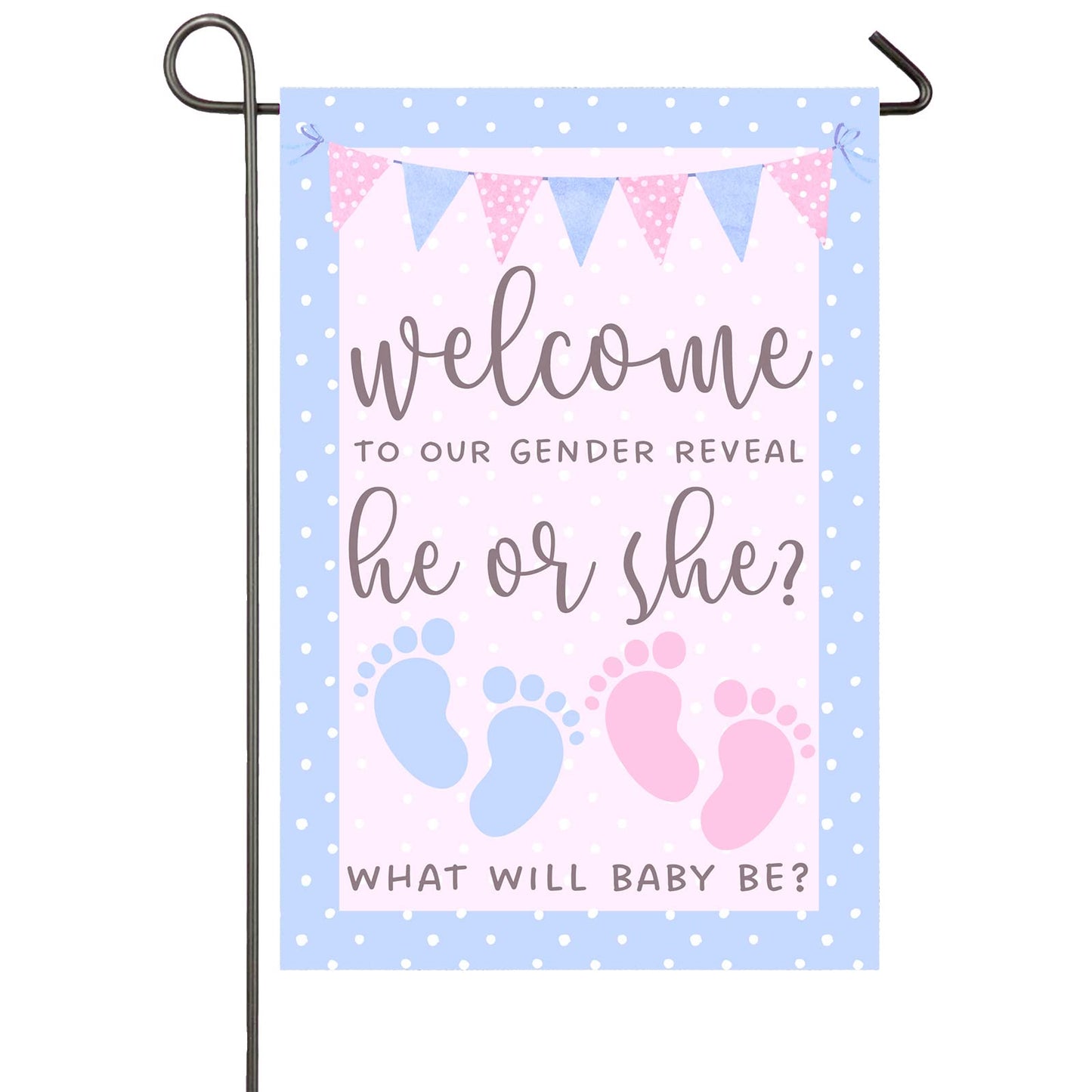 He or She Garden Flag 12x18" Double Sided Pink and Blue Flag Gender Reveal Yard Flag Boy or Girl Baby Footprint Welcome Banner Pregnancy Announcement Baby Shower Decor Gender Reveal Party Supplies