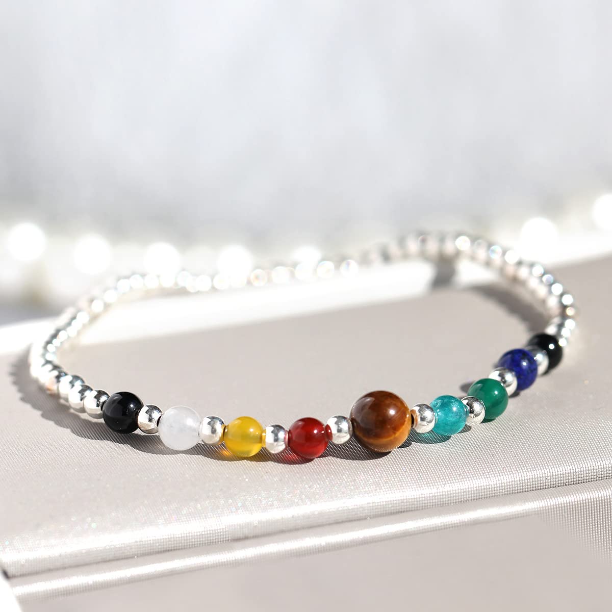 Jewever 7 Chakra Healing Bracelet with Real Stones Sterling Silver Bracelets for Women Crystals and Healing Stones Yoga Meditation Balance Stretch