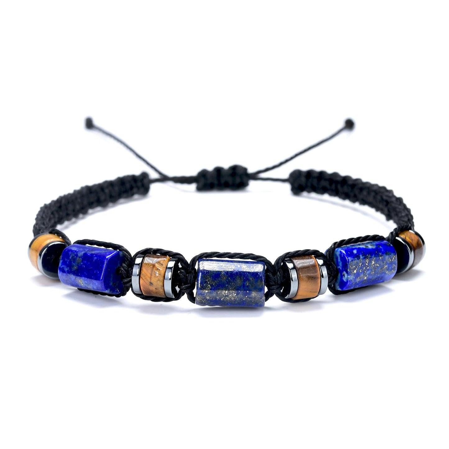 Senxilk Lapis Lazuli & Tiger's Eye Adjustable Bracelet for Men - Natural Stone Beaded Black Cord Jewelry Gifts for Him, Son, Teens | Birthday Father's Day Christmas