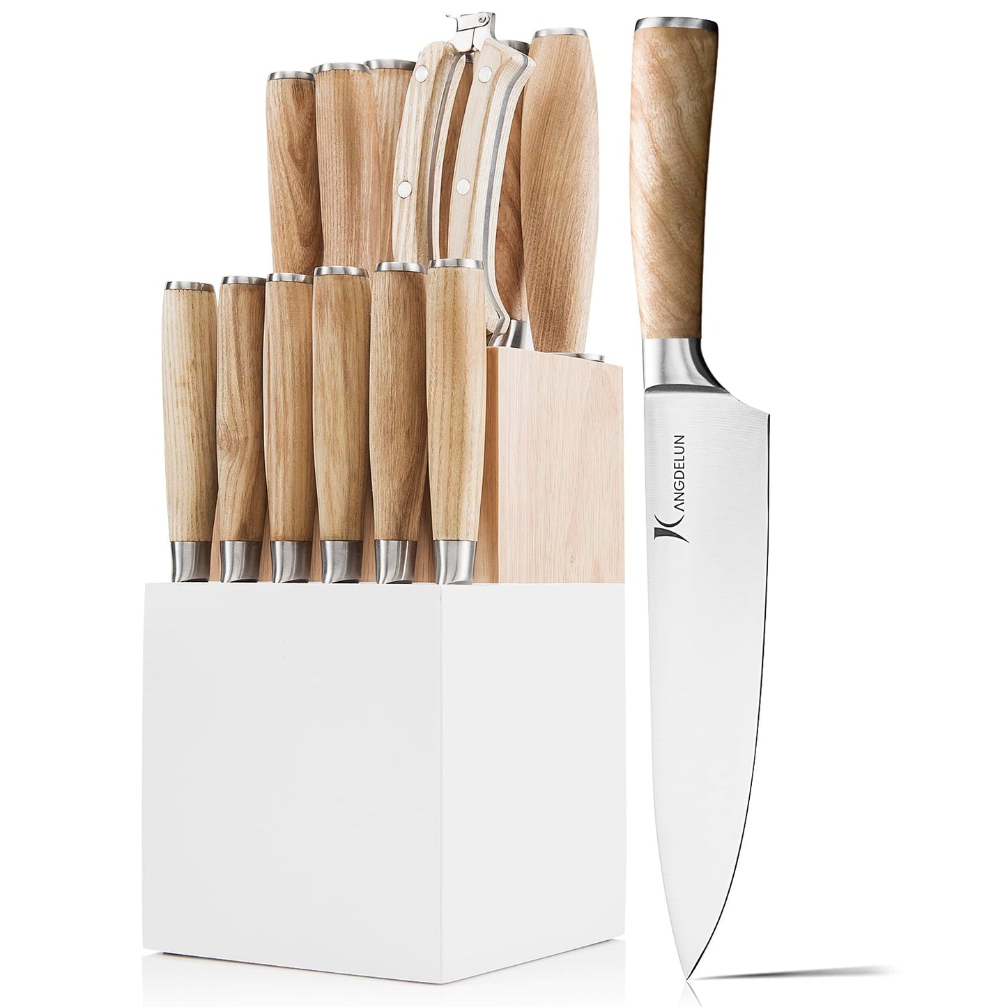 Kangdelun Ultra Sharp 15-Piece Kitchen Knife Set, High Carbon Stainless Steel Blades, Torrefied Natural Wood Handles, Ergonomic Design, Space-Saving White-Finished Wood Block, Easy Hand Wash, Gift Box