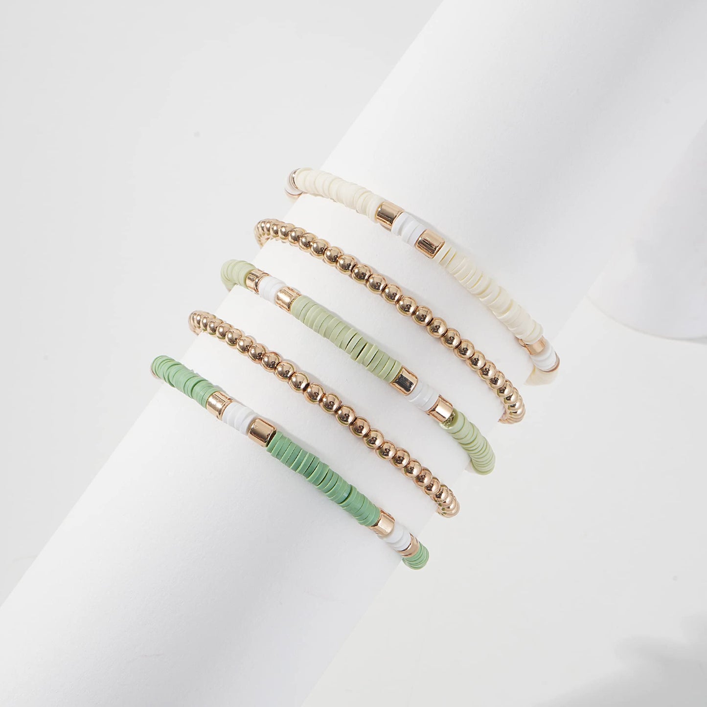 GOOJIDS Surfer Heishi Clay Bead Bracelets for Women Bohemian Stackable Gold Plated Beaded Stretch Bracelets Elastic Layering Friendship Bracelets Set Boho Jewelry