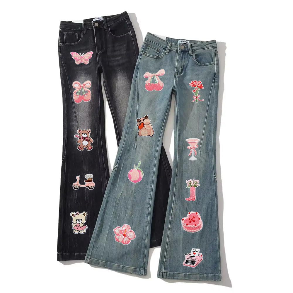 20 PCS Girls Pink Sweet Taste Iron on Patches Funny Embroidered Applique Sew on Patches for Backpacks Pants Clothes Vests Coat Uniforms Dress Hat DIY Decoration Bags Jackets Jeans