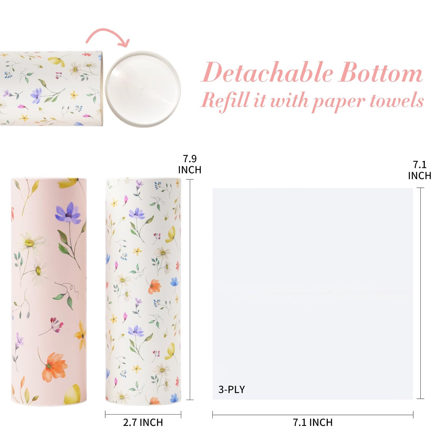 4 Pack Pink Wild Floral Car Tissue Holder with 3-Ply Facial Tissues - Round Cylinder Tissues Fits Car Cup Holder, Travel Tissues Bulk (200 Sheets 7.1x7.1") - Cute Sister Mother's Day Birtyday Gifts