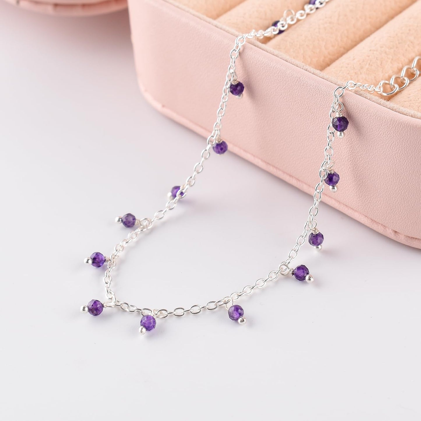 Yanara Amethyst Ankle Bracelets for Women, Natural Purple February Birthstone Silver Plated Jewelry 8.5”+1.5” inch Adjustable Chain, Chakra Crystals and Gemstones, Dainty Minimalist Birthday Gifts for Women