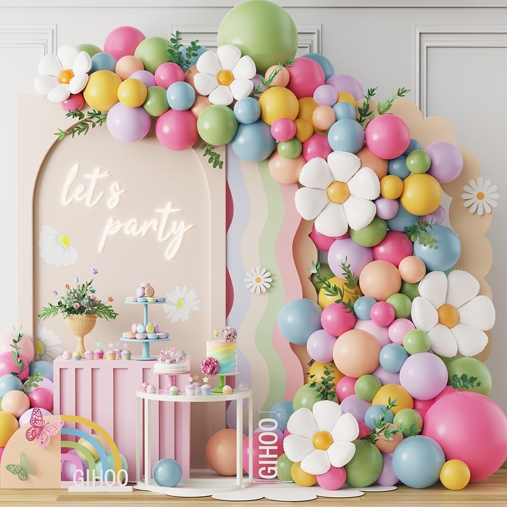 Daisy Flower Balloon Arch Kit Pink and Green Yellow WildFlower Balloons for Wild Flower Baby in Bloom Baby Shower Spring Daisy Theme Birthday Party Decorations