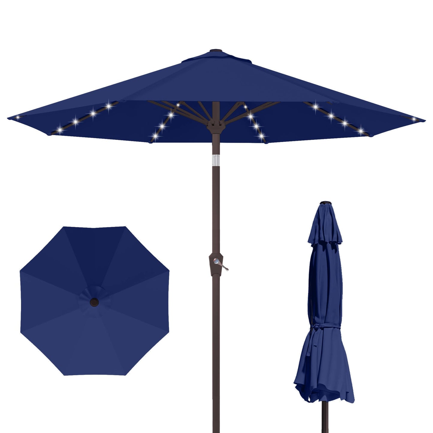 Kingdura 9FT Outdoor Patio Umbrella with Solar Lights, Market Table Umbrella with Push Button Tilt & Crank, 8 Sturdy Ribs, 32 LED Lights, UV Protection for Garden Lawn Deck Backyard Pool (Navy blue)