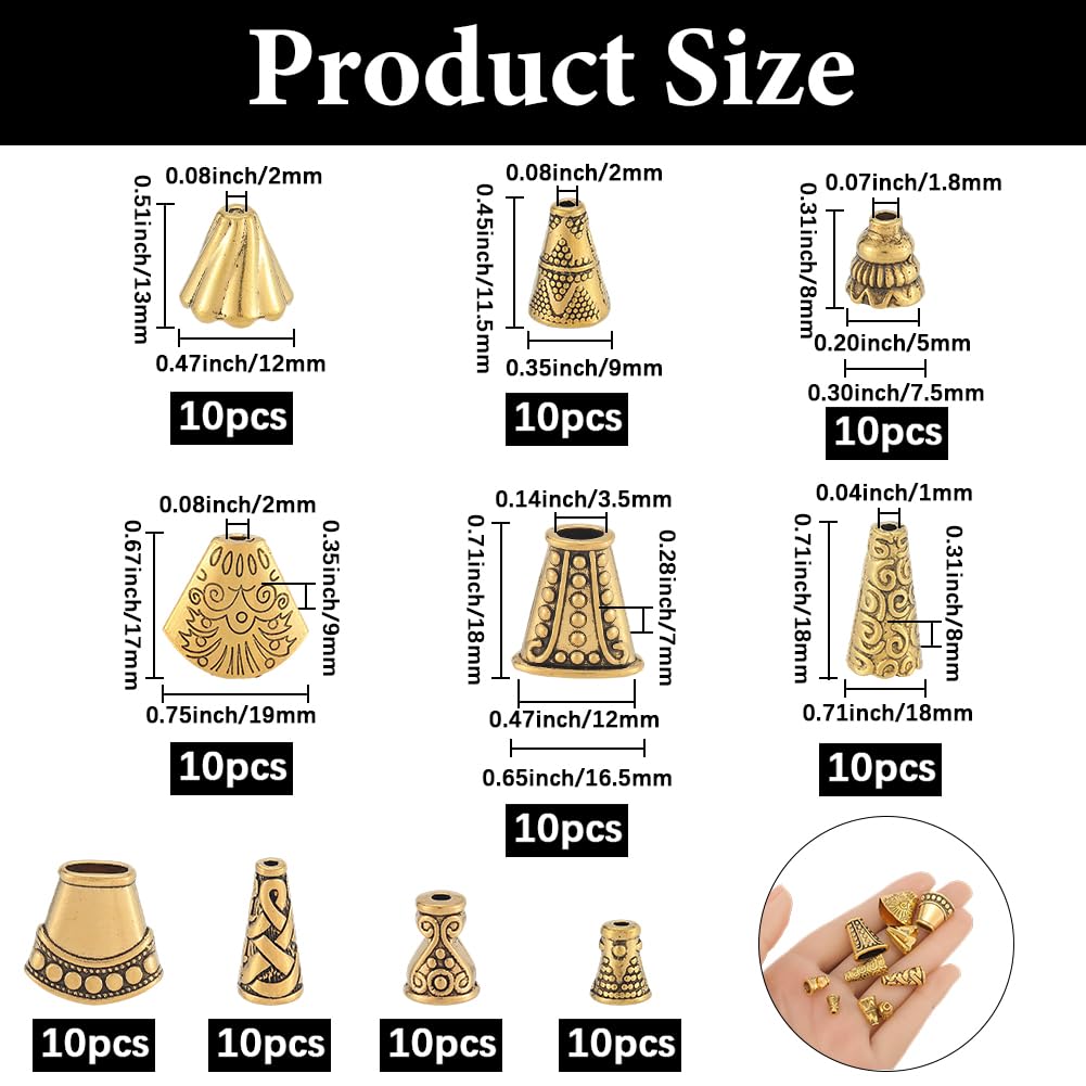 SOFPLATE 1 Box 100Pcs 10 Styles Golden Bead Caps Flower End Caps Alloy Tibetan Style Antique Gold Beading Tassel Spacer Ends for Jewelry Making Findings Necklaces Bracelets Earrings DIY Craft Supplies