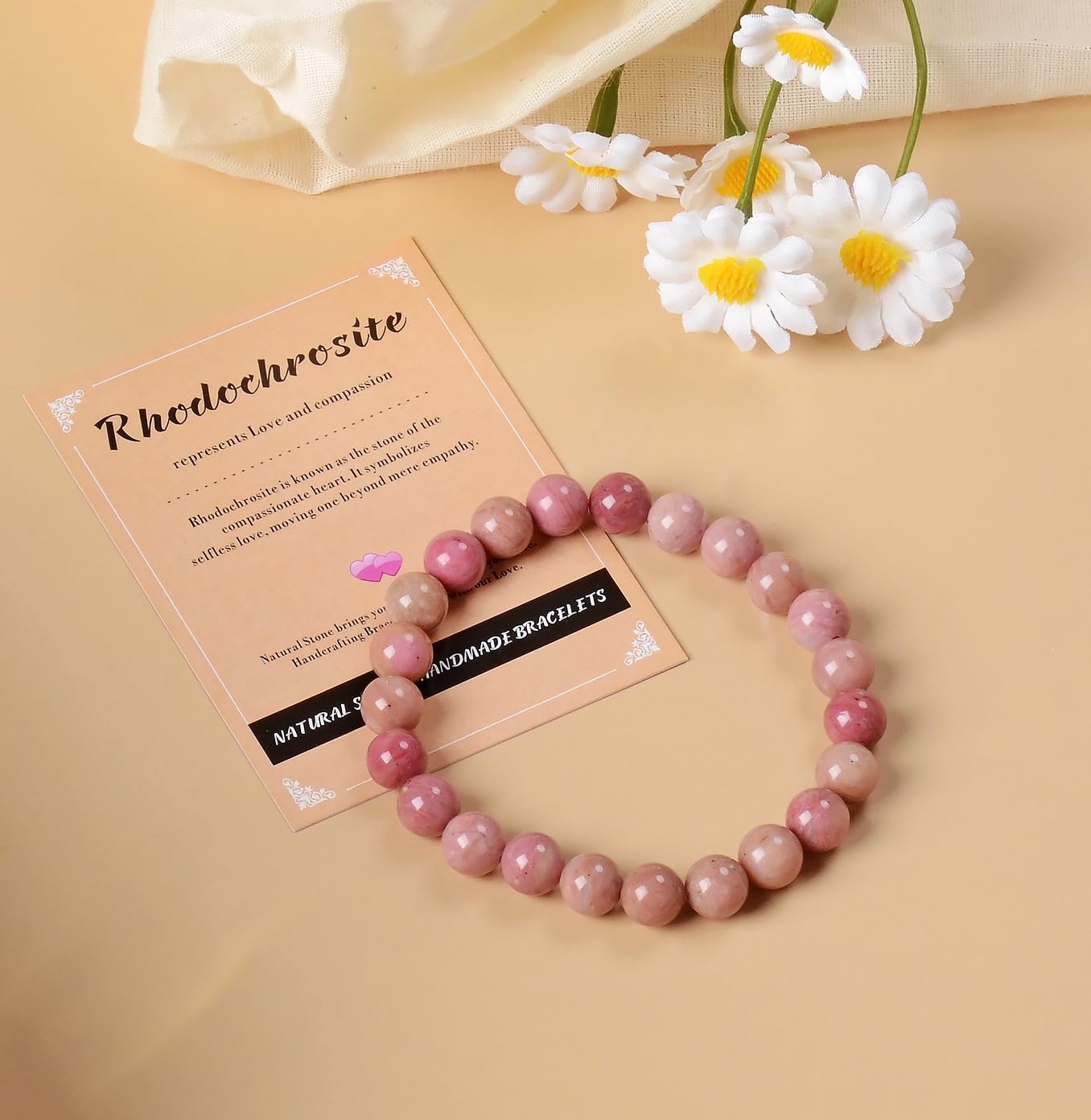 AD Beads Handmade Gemstone Stretch Elastic Bracelet Crystal Healing Reiki Nature's Beauty and Spiritual Essence Unisex (4mm, Rhodochrosite)