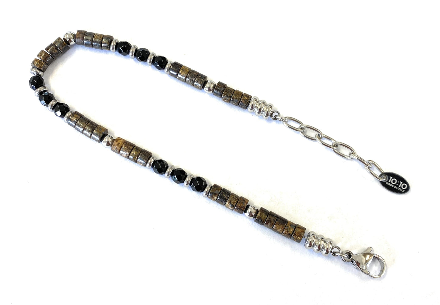 10:10 Beaded Bracelet for Men and Women – Natural Gemstone Bracelet and Stainless Steel – Adjustable, Durable and Elegant – Made in Italy (Bronzite - Agate)