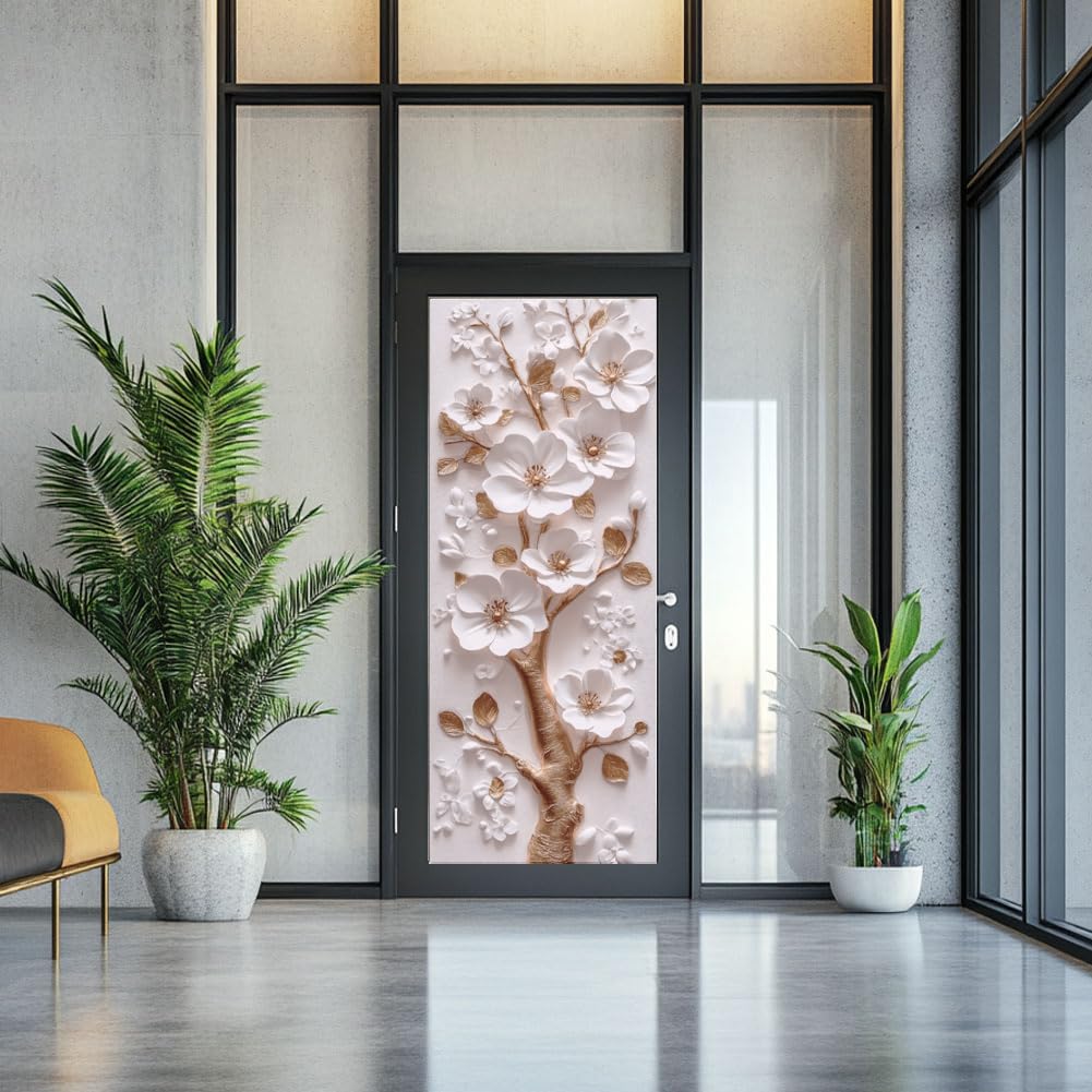 arricraft 2 Pcs Self-Adhesive Door Sticker, 31.5"x78.7" 3D Flower and Golden Branch Door Murals Stickers PVC Removable Wallpaper Decoration for Bedrooms Living Room