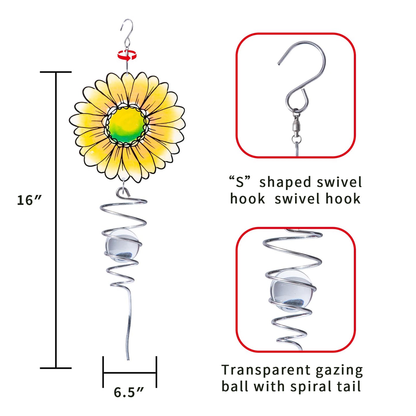 18" Wind Spinner Outdoor Hanging Metal Figurine Spinner for Garden Décor Ornaments,Lawn Yard Patio,Sunflower