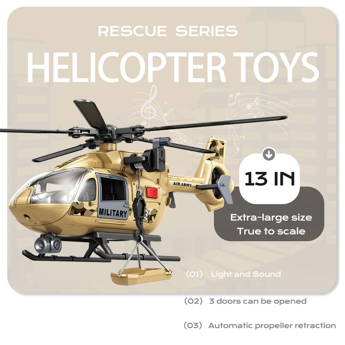 ANJARU Helicopter Toy with Lights and Sound,Simulative Rescue Helicopter Toddler Kids Toys for Kids Aged 3 4 5 6 Pull-Back Propeller Army Toys Toddler Kids Boys Gifts (Military-Helicopter)