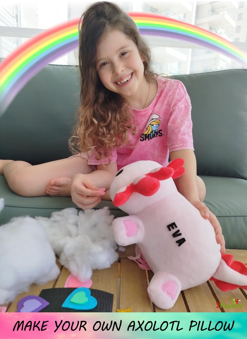 Make Your Own Axolotl Plush Pillow Kit Arts and Crafts for Kids (No Sew), DIY Axolotl Stuffed Toys for Girls & Boys Ages 3 4 5 6 7 8 9 10 + Years Old, Animal Activity, Squishy Plushy, Girls Presents