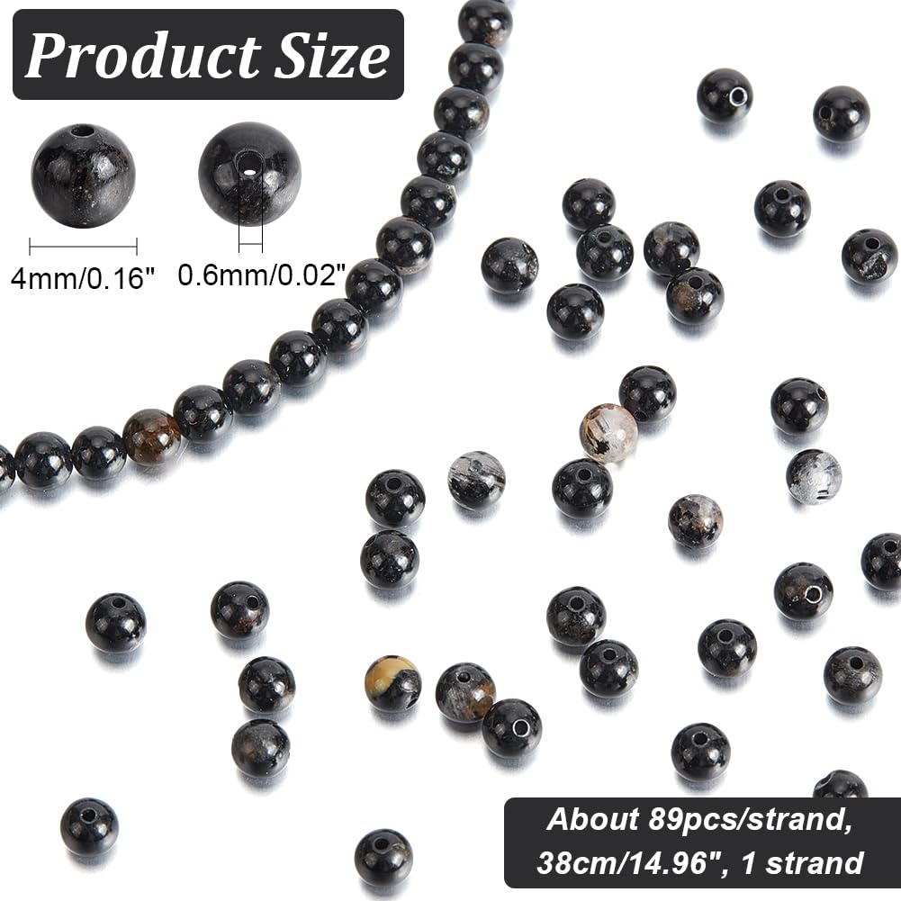 NBEADS About 89 Pcs Natural Black Tourmaline Beads Strands, 4mm Polished Smooth Gemstone Round Beads Nature Spacer for Bracelets Necklace Jewelry Making
