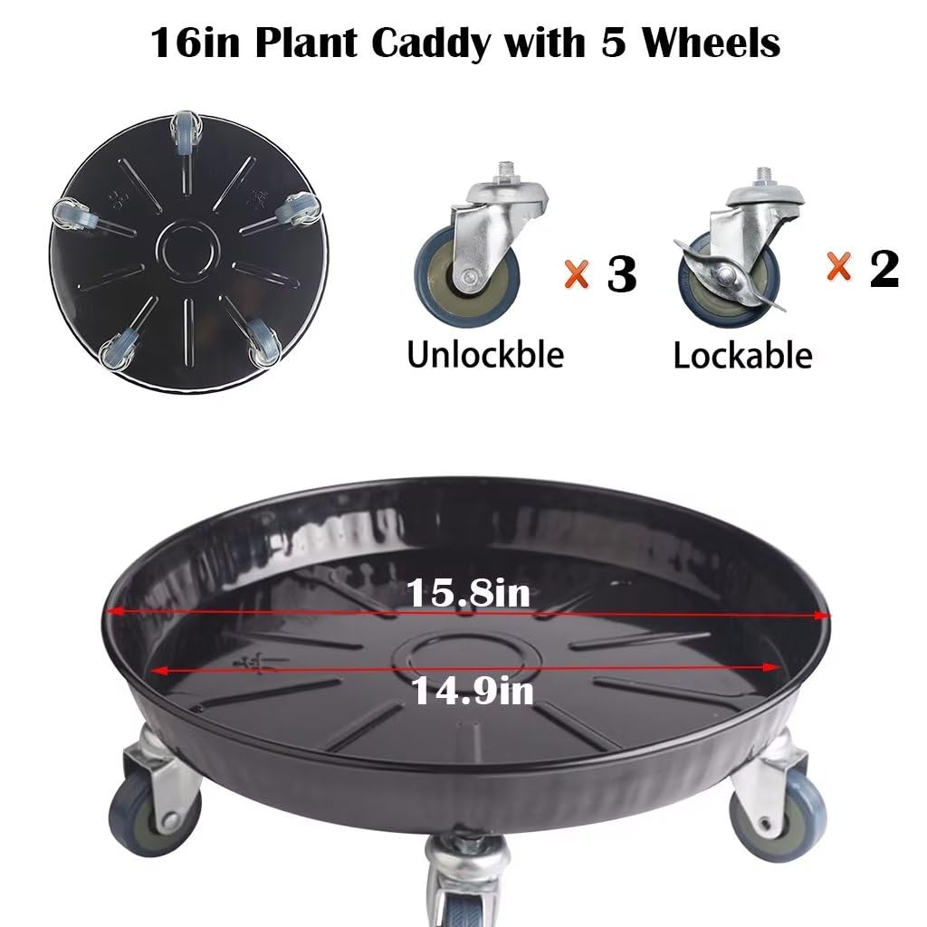 ARTLINE Round Plant Stand with Lockable Wheels, Heavy Duty for Indoor Outdoor, Large Rolling Dolly Planter Caddy on Casters to Carry Potted Flower Pot, Round Metal Tray NO Holes, Black