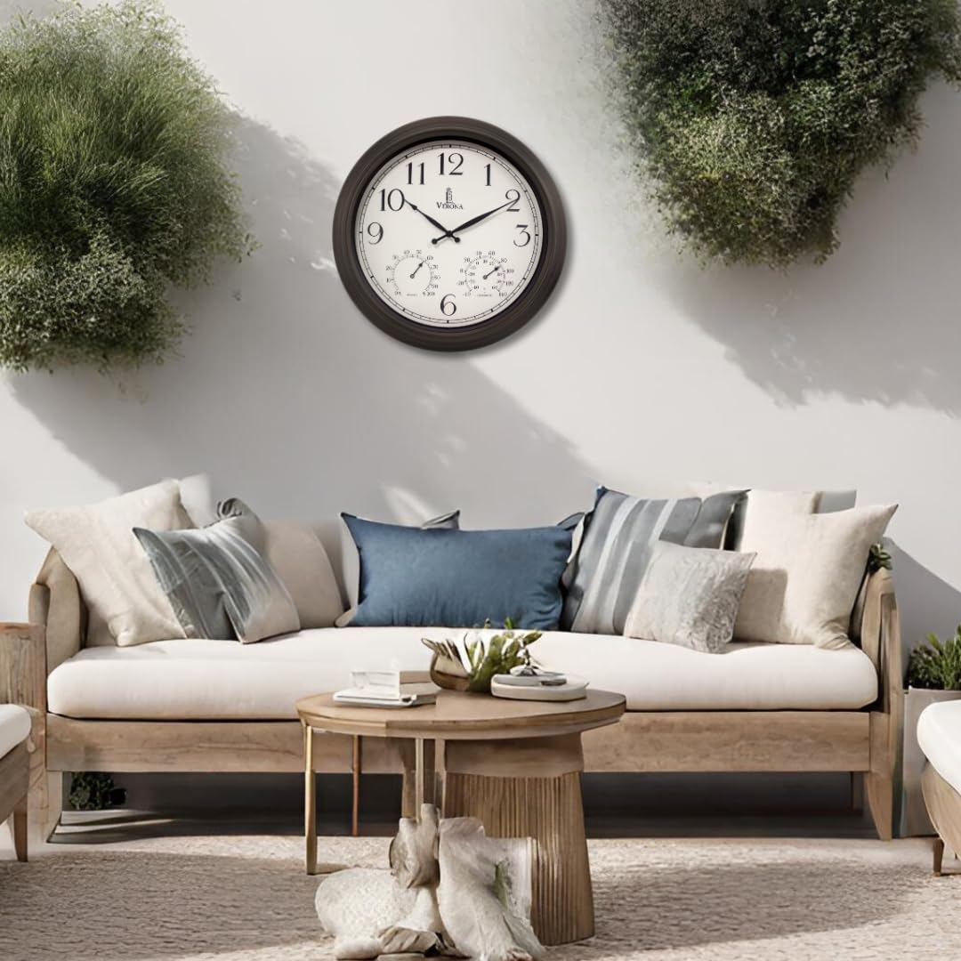 18 inch Outdoor Clocks for Patio Large Waterproof with Thermometer - Black Indoor Outdoor Clock with Temperature and Humidity for Wall - Weatherproof, Accurate & Easy to Read for Pool, Patio & Garden