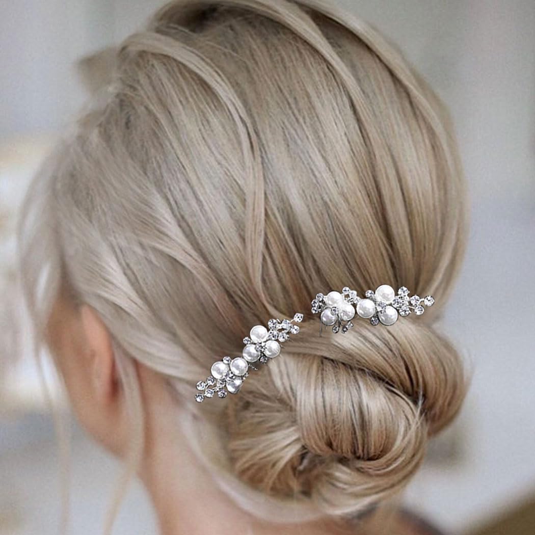 Asooll Gold Wedding Pearl Hair Comb Bride Crystal Headpiece Bridal Rhinestone Hair Clip Hair Accessories for Women(Set of 2) (B-Silver)